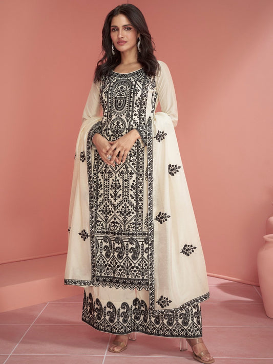 Off White Sequins & Embroidery Pakistani Palazzo Suit