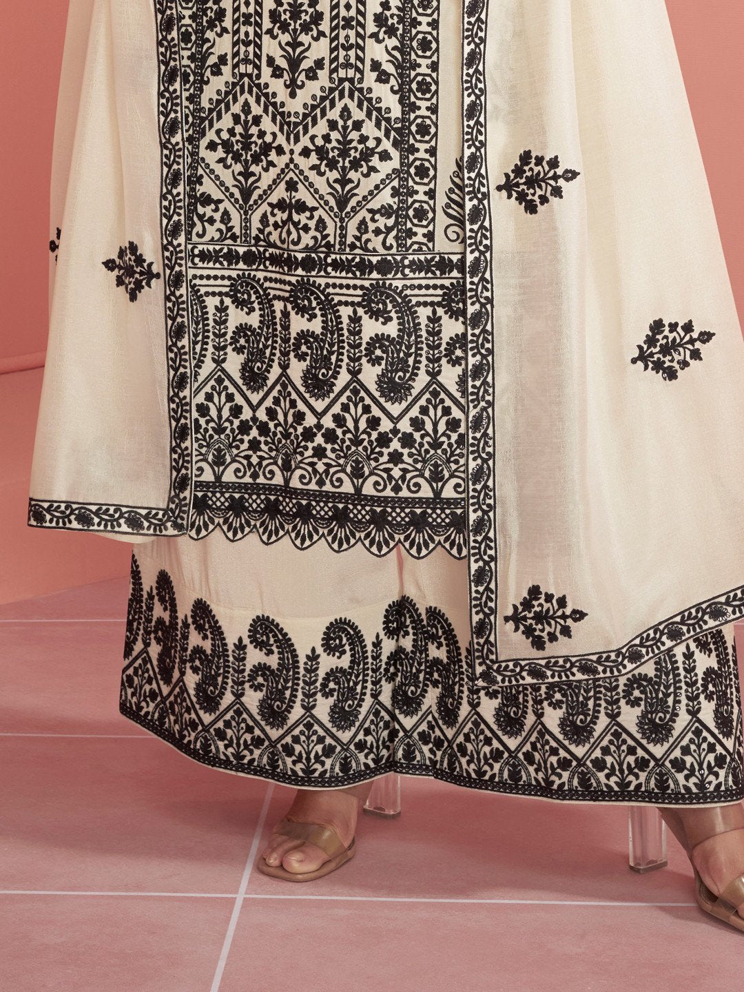 Off White Sequins & Embroidery Pakistani Palazzo Suit