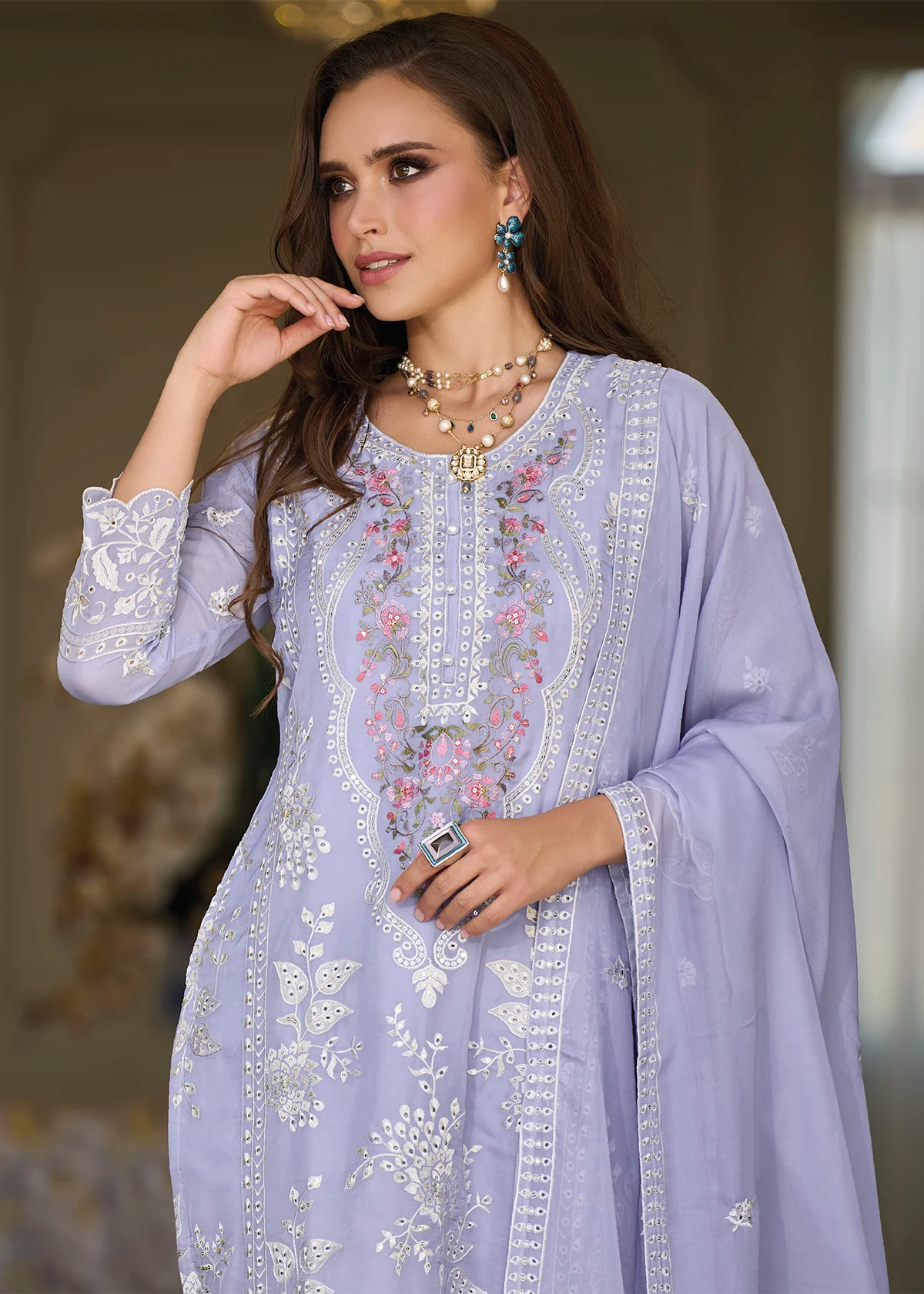 Lavender Organza Pakistani Suit with Embroidery Work