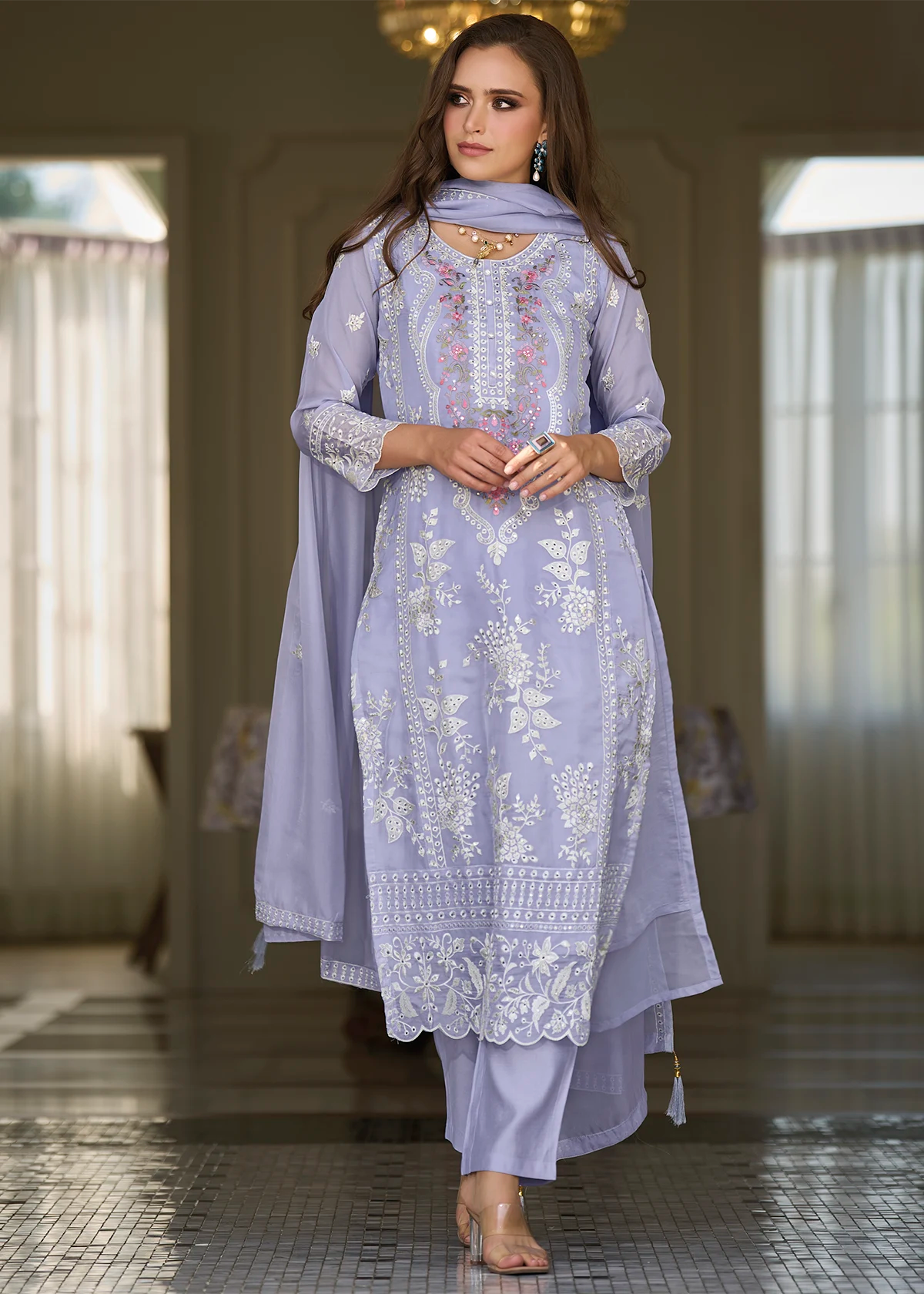 Lavender Organza Pakistani Suit with Embroidery Work