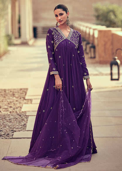 Purple Zari & Sequins Embroidered Floor Length Gown With Net Dupatta