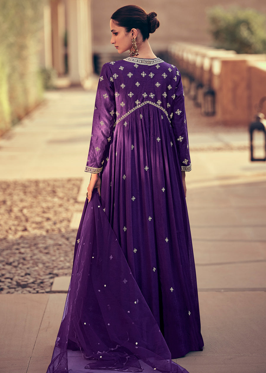 Purple Zari & Sequins Embroidered Floor Length Gown With Net Dupatta