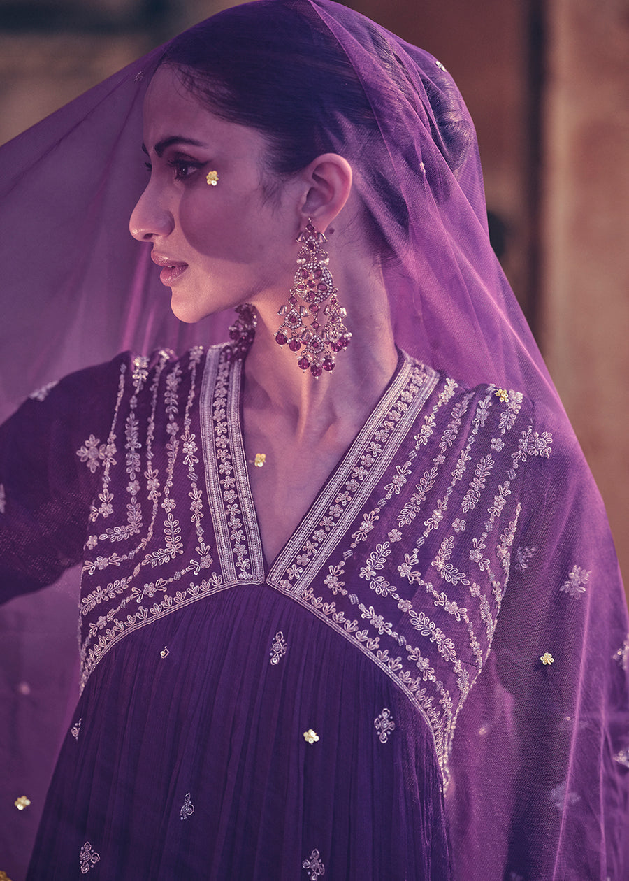 Purple Zari & Sequins Embroidered Floor Length Gown With Net Dupatta