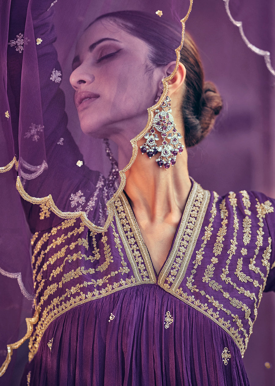 Purple Zari & Sequins Embroidered Floor Length Gown With Net Dupatta