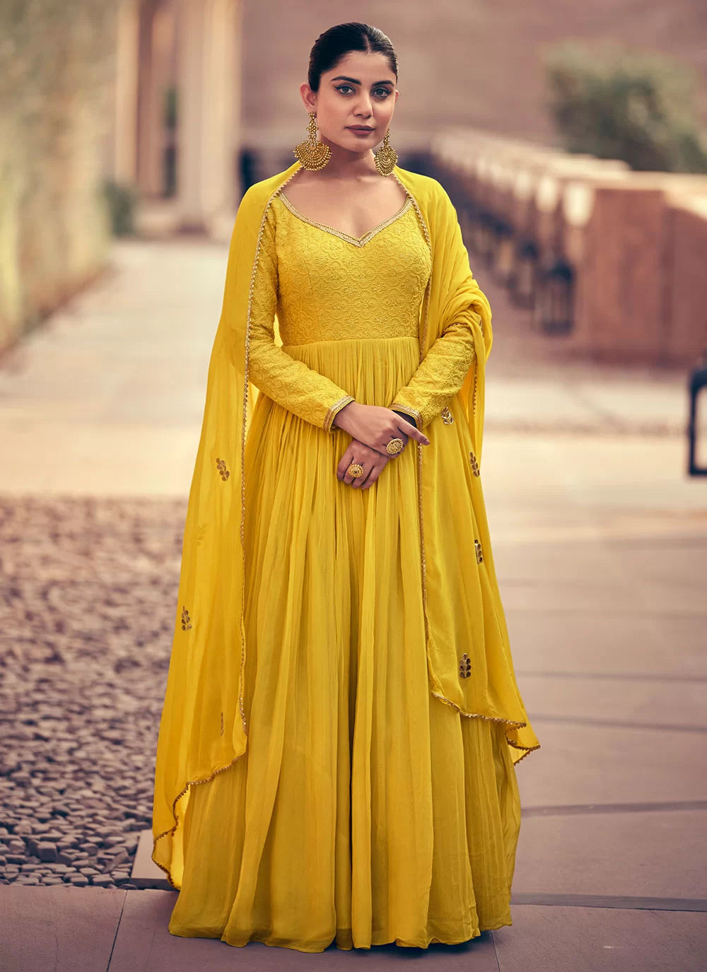 Yellow Chikankari Zari Embroidered Floor Length Gown With Dupatta