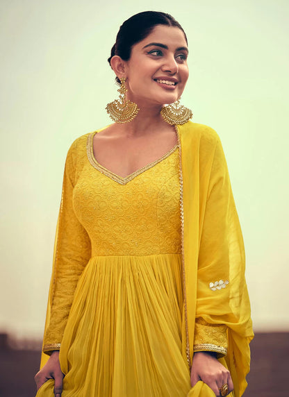 Yellow Chikankari Zari Embroidered Floor Length Gown With Dupatta