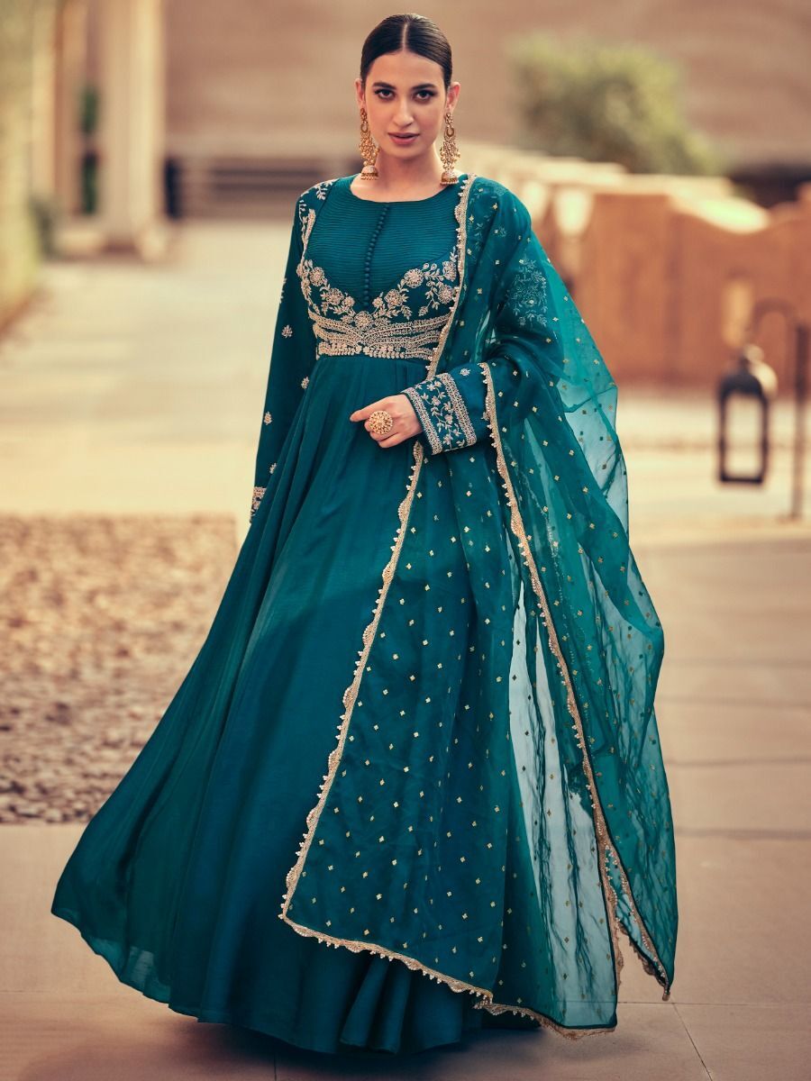 Bottle Green Zari Embroidered Floor Length Gown With Dupatta