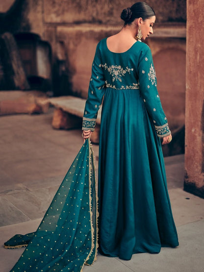 Bottle Green Zari Embroidered Floor Length Gown With Dupatta