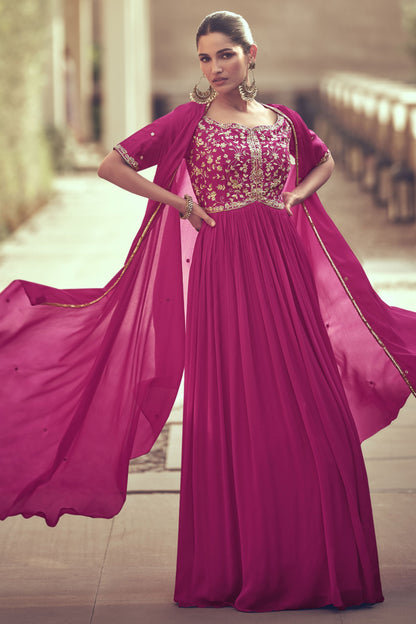 Dark Pink Zari Embroidered Floor Length Gown With Dupatta