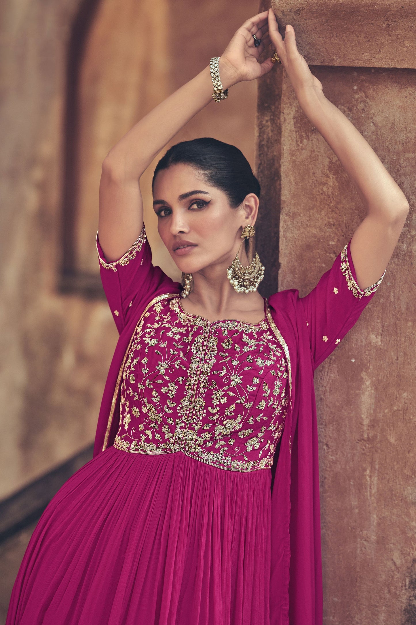 Dark Pink Zari Embroidered Floor Length Gown With Dupatta