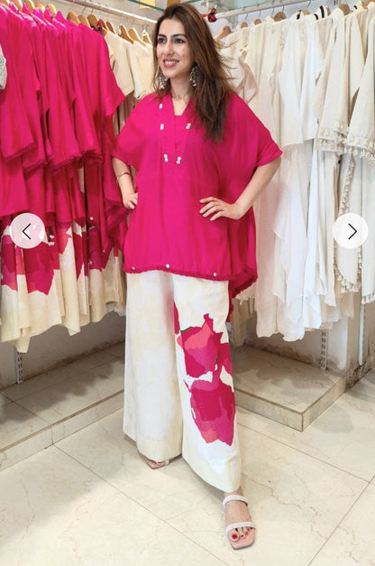 Designer Trendy Kaftan Style Top With Printed Flared Plazo Pants