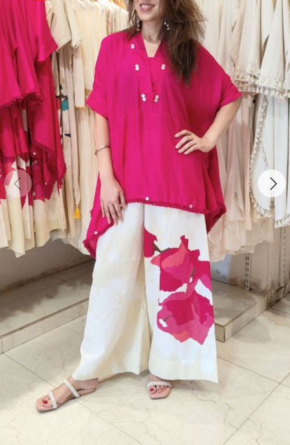Designer Trendy Kaftan Style Top With Printed Flared Plazo Pants