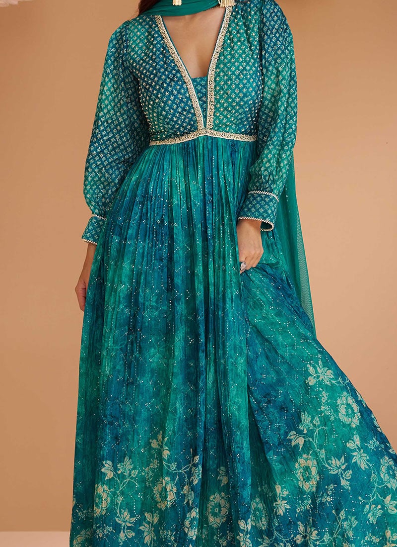 Partywear Blue Designer Faux Georgette Zari & Pearl Work Gown