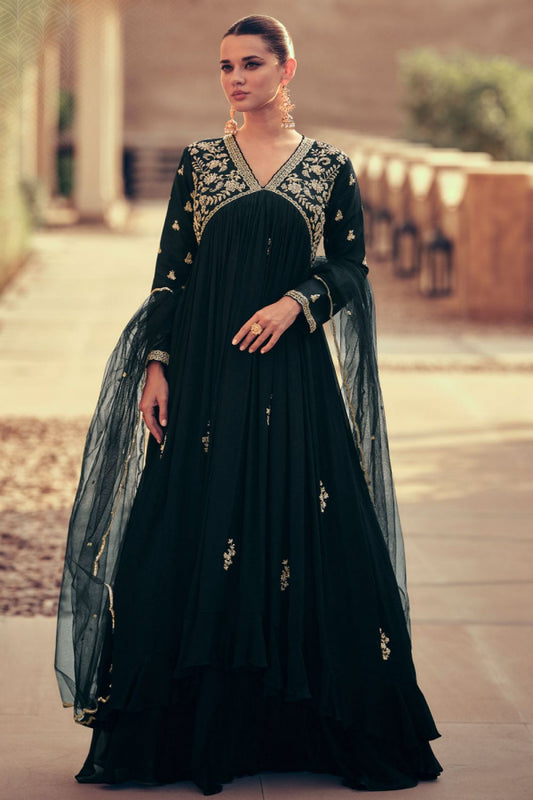 Navy Blue Zari & Sequins Embroidered Floor Length Gown With Net Dupatta