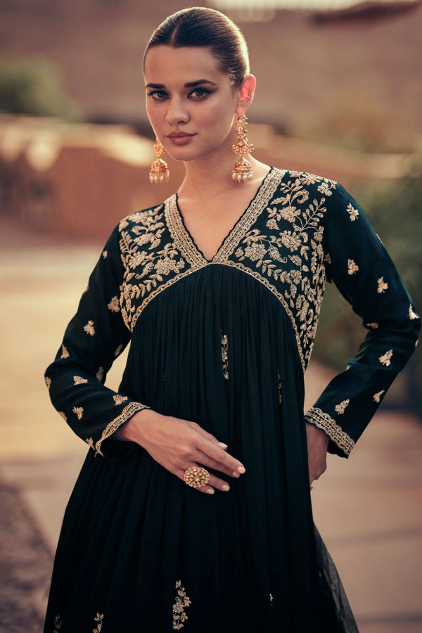 Navy Blue Zari & Sequins Embroidered Floor Length Gown With Net Dupatta