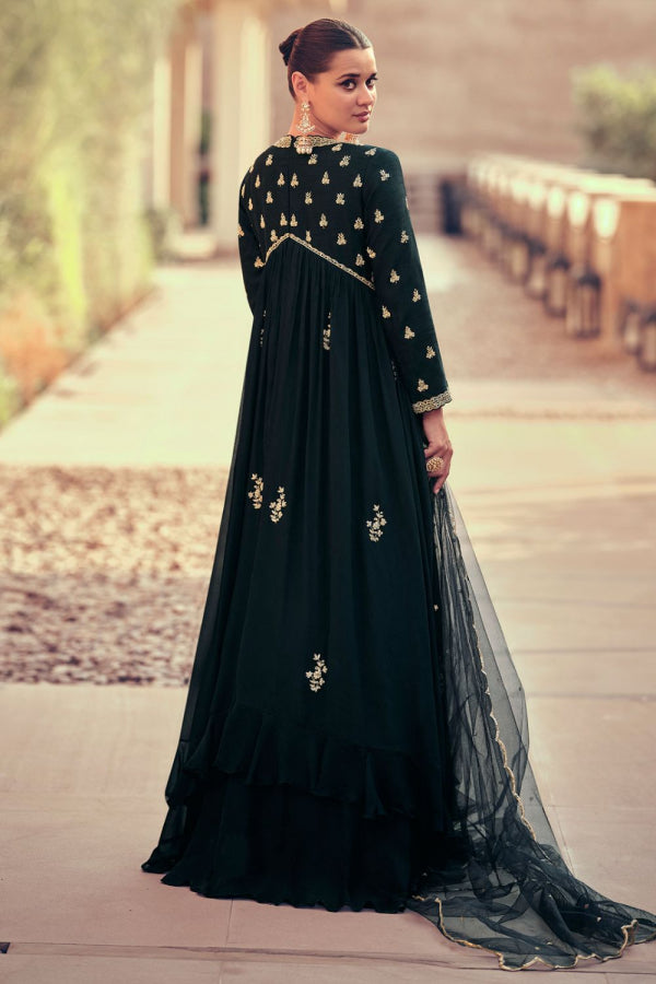 Navy Blue Zari & Sequins Embroidered Floor Length Gown With Net Dupatta