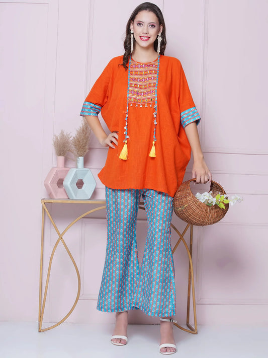 Orange Cotton Mirror Embroidered Kaftaan with Printed Bellbottom