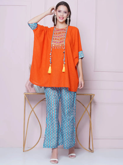 Orange Cotton Mirror Embroidered Kaftaan with Printed Bellbottom