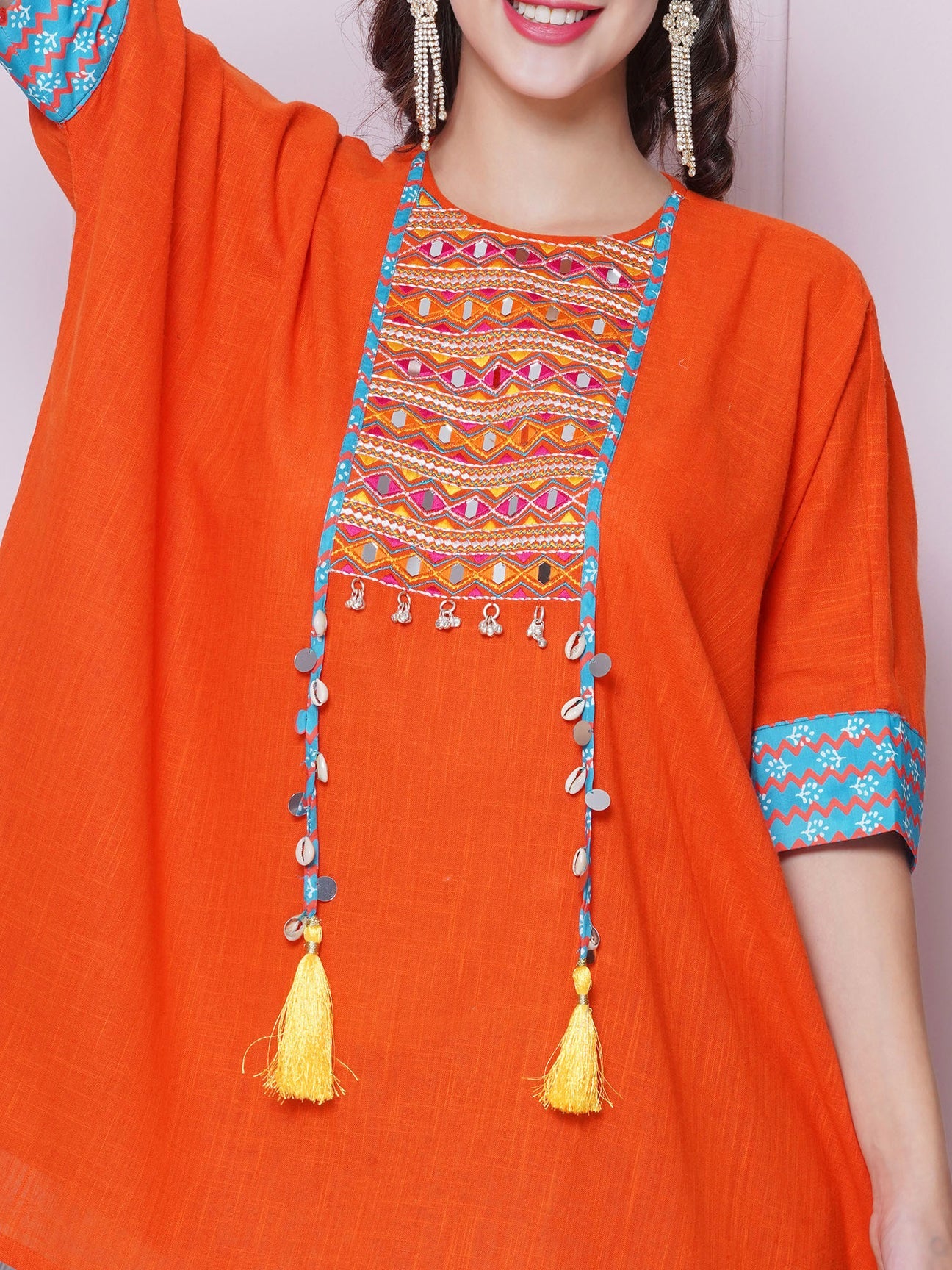 Orange Cotton Mirror Embroidered Kaftaan with Printed Bellbottom