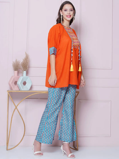 Orange Cotton Mirror Embroidered Kaftaan with Printed Bellbottom