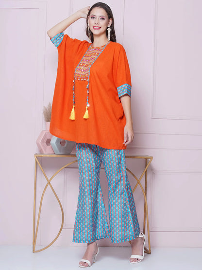 Orange Cotton Mirror Embroidered Kaftaan with Printed Bellbottom