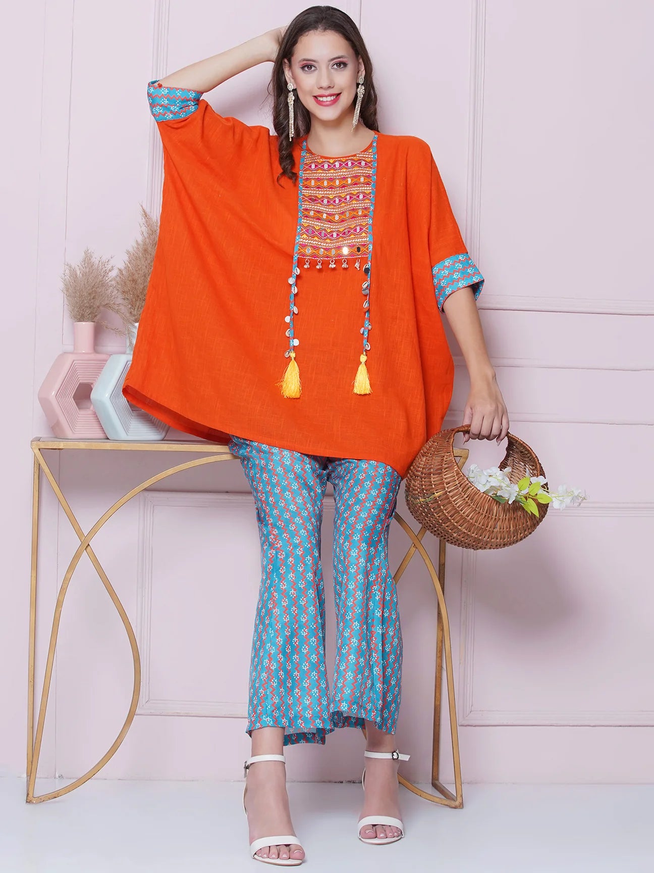 Orange Cotton Mirror Embroidered Kaftaan with Printed Bellbottom