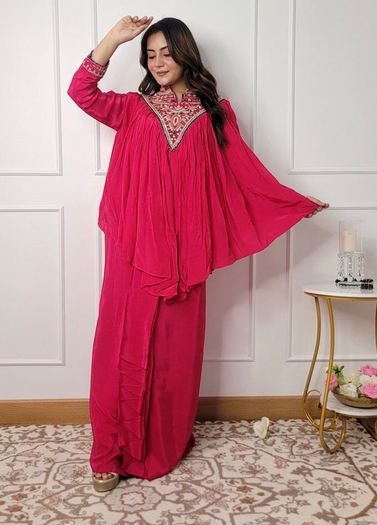 Hot Pink Pure Crepe Peplum Top With Dhoti Drape Skirt