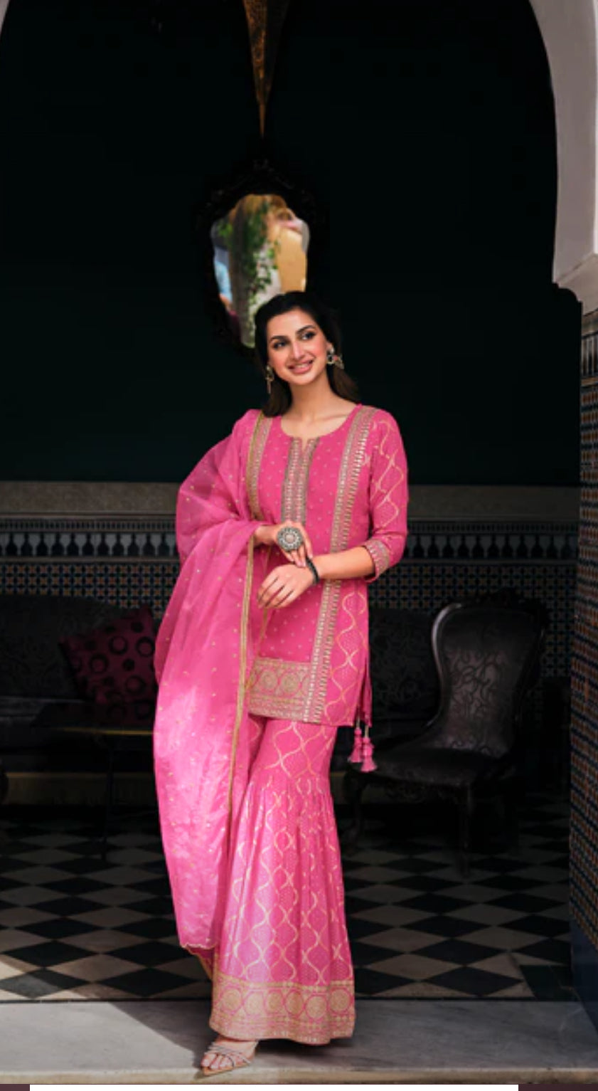 Pink Viscose Georgette Sharara Suit With Leather Work & Zari Embroidery