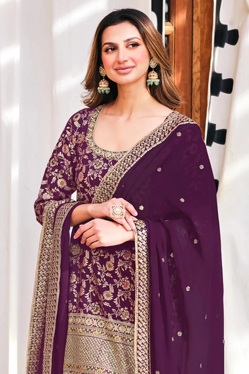 Wine Woven Banarasi Sharara Suit With Zari Embroidery