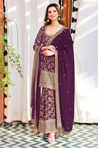 Wine Woven Banarasi Sharara Suit With Zari Embroidery