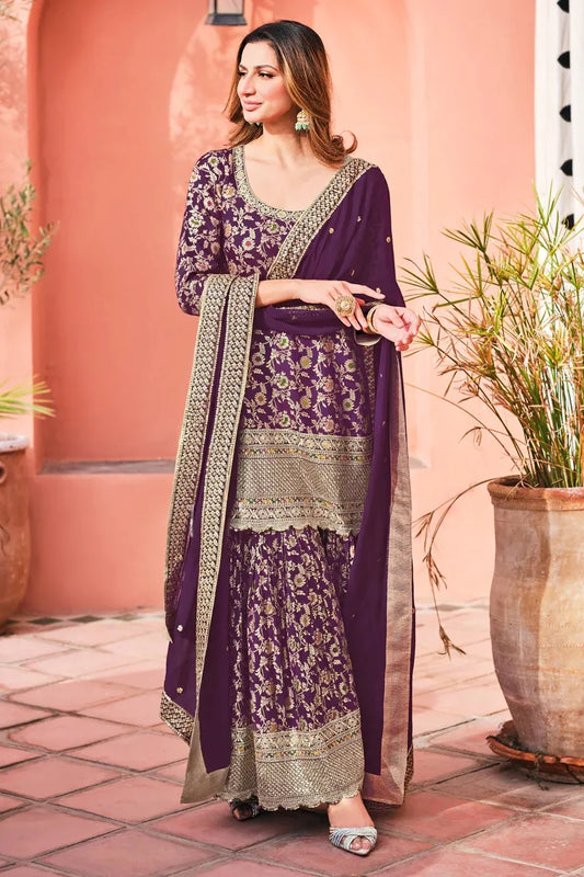 Wine Woven Banarasi Sharara Suit With Zari Embroidery