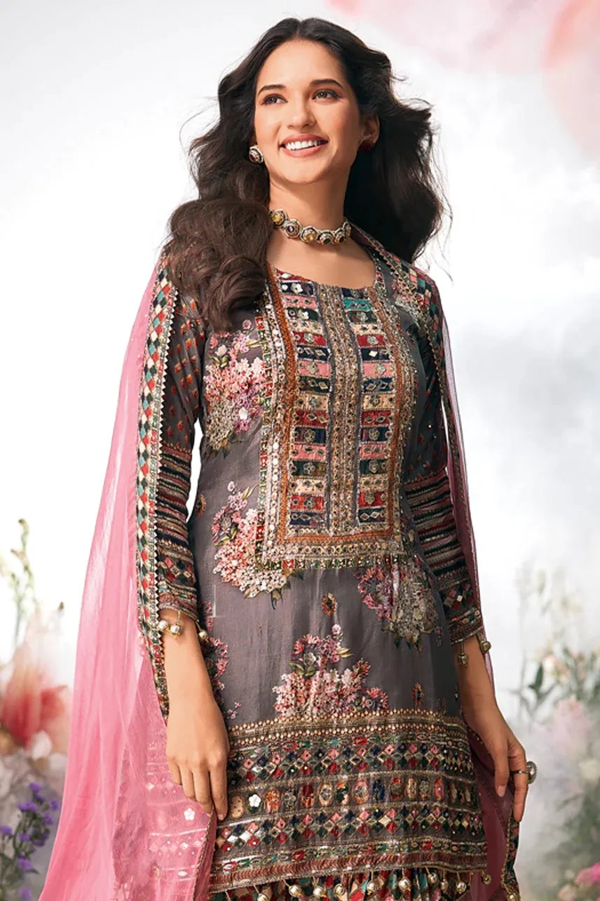 Pure Printed Crepe Grey & Pink Sharara Suit with Zari, leather & Accessory Work