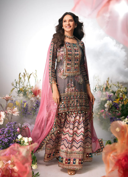 Pure Printed Crepe Grey & Pink Sharara Suit with Zari, leather & Accessory Work