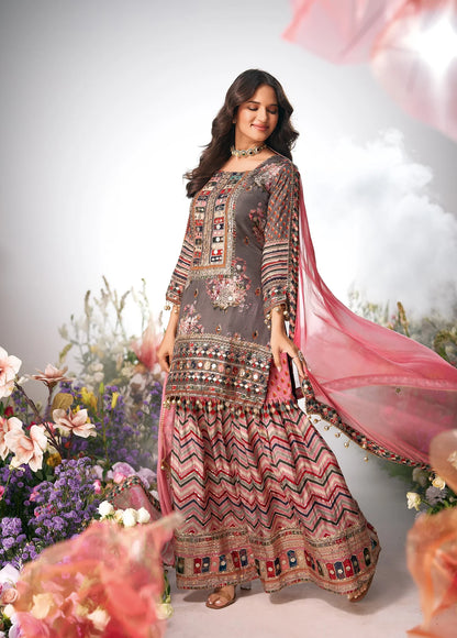 Pure Printed Crepe Grey & Pink Sharara Suit with Zari, leather & Accessory Work