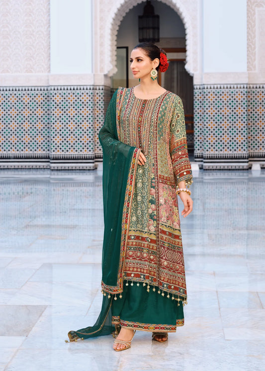 Pure Printed Crepe Bottle Green Plazo Suit with Zari & Accessory Work