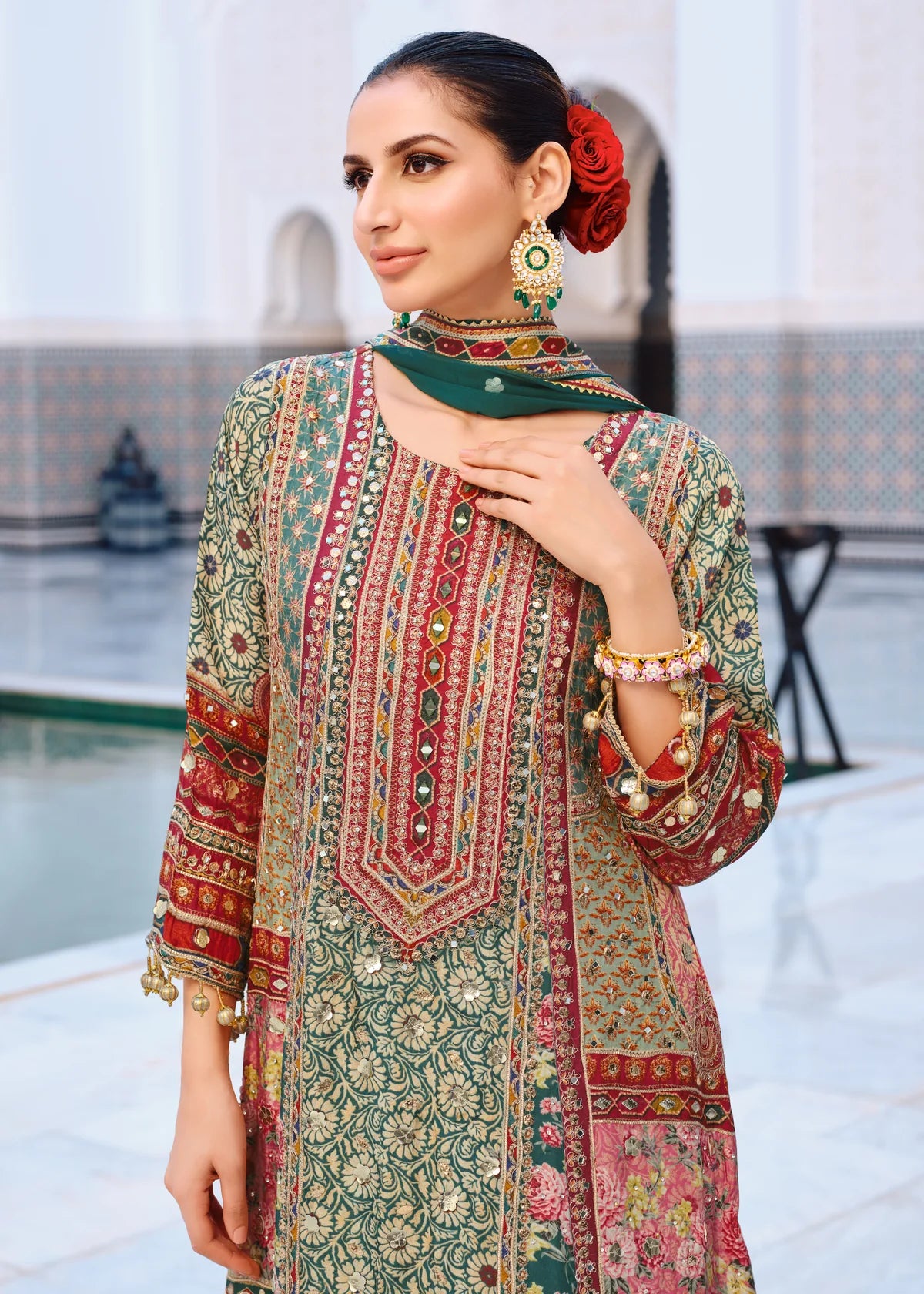 Pure Printed Crepe Bottle Green Plazo Suit with Zari & Accessory Work