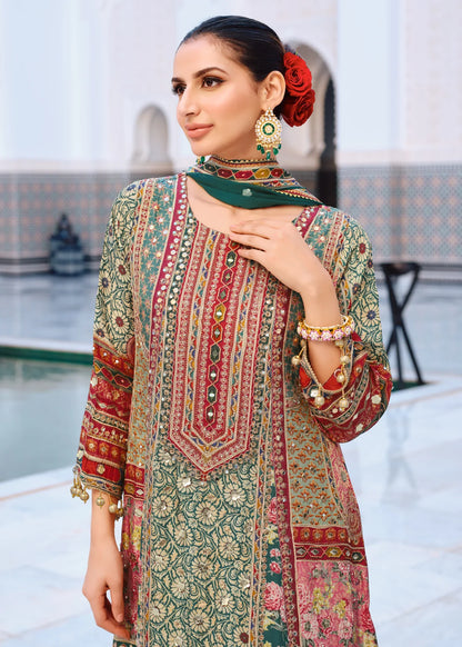 Pure Printed Crepe Bottle Green Plazo Suit with Zari & Accessory Work