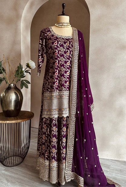 Wine Woven Banarasi Sharara Suit With Zari Embroidery