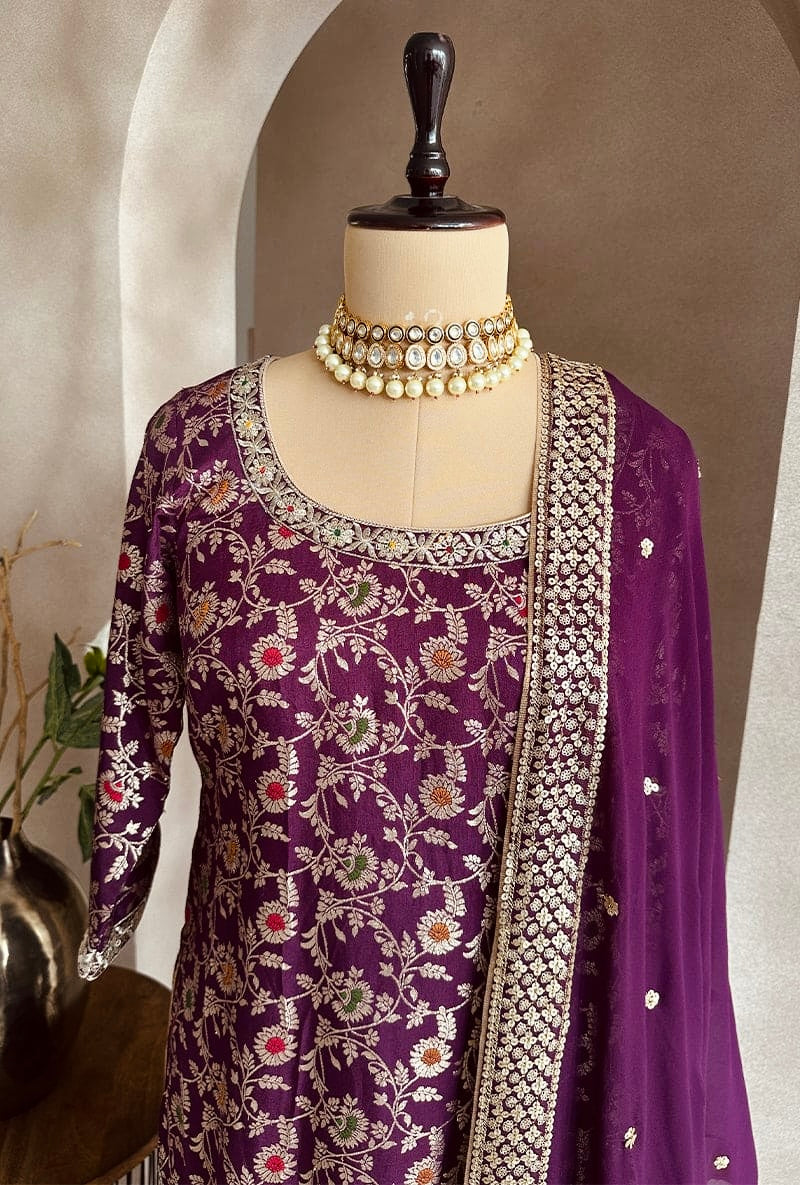 Wine Woven Banarasi Sharara Suit With Zari Embroidery