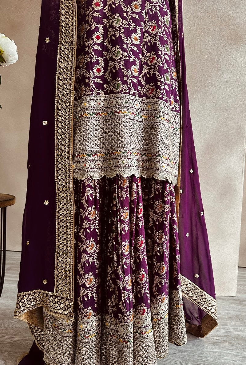 Wine Woven Banarasi Sharara Suit With Zari Embroidery