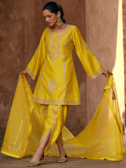 Yellow Silk Blend Zari Embroidered Dhoti Salwar Suit