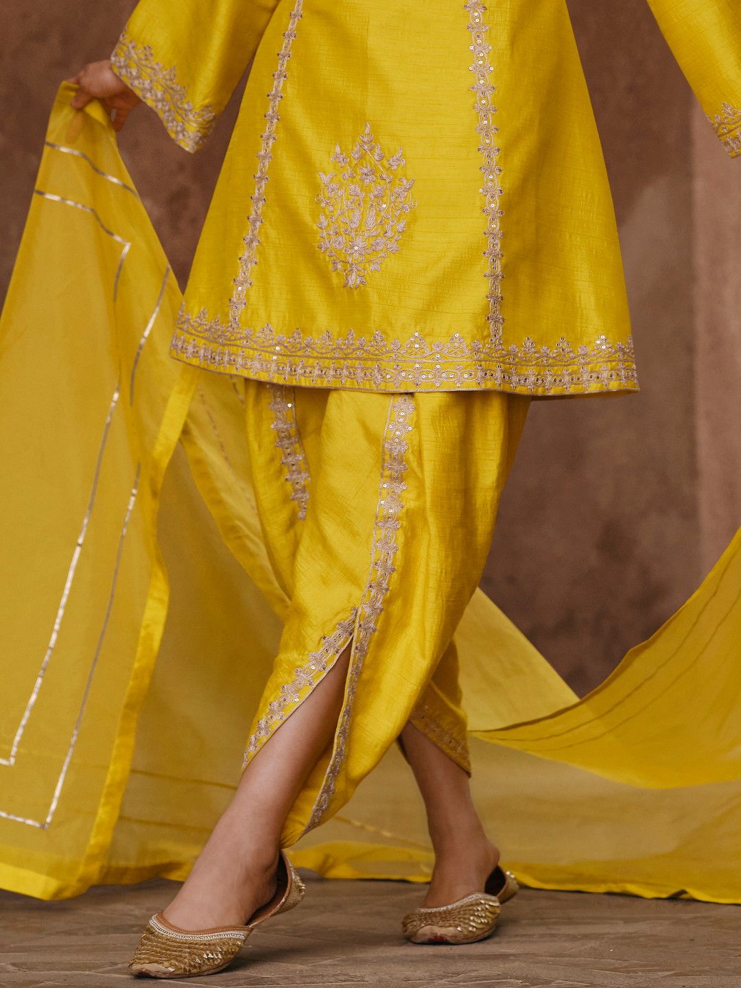 Yellow Silk Blend Zari Embroidered Dhoti Salwar Suit