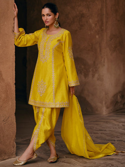 Yellow Silk Blend Zari Embroidered Dhoti Salwar Suit