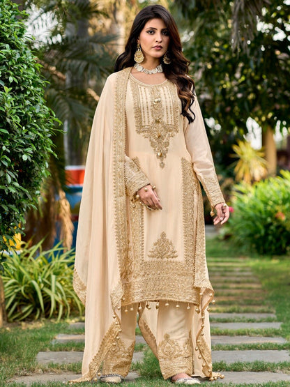 Partywear Cream Silk Blend Heavy Zari Embroidered Pakistani Suit