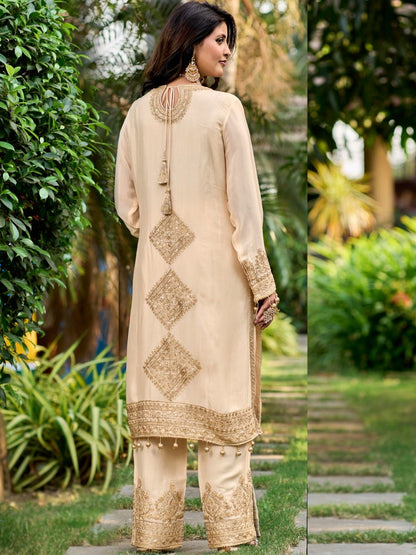 Partywear Cream Silk Blend Heavy Zari Embroidered Pakistani Suit