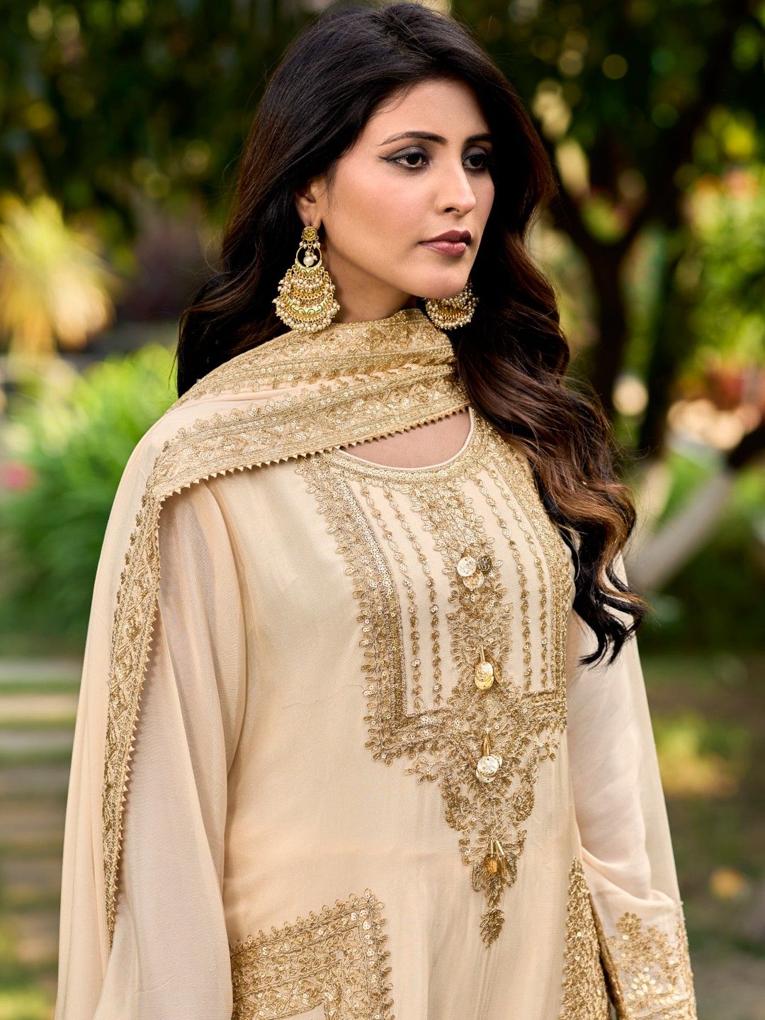 Partywear Cream Silk Blend Heavy Zari Embroidered Pakistani Suit