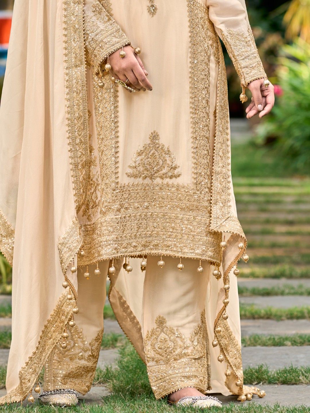 Partywear Cream Silk Blend Heavy Zari Embroidered Pakistani Suit