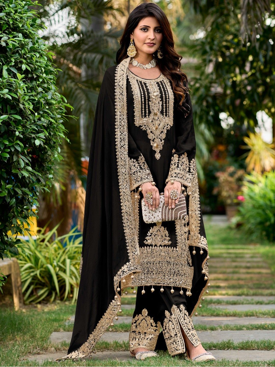 Black Silk Blend Heavy Zari Embroidery Pakistani Suit