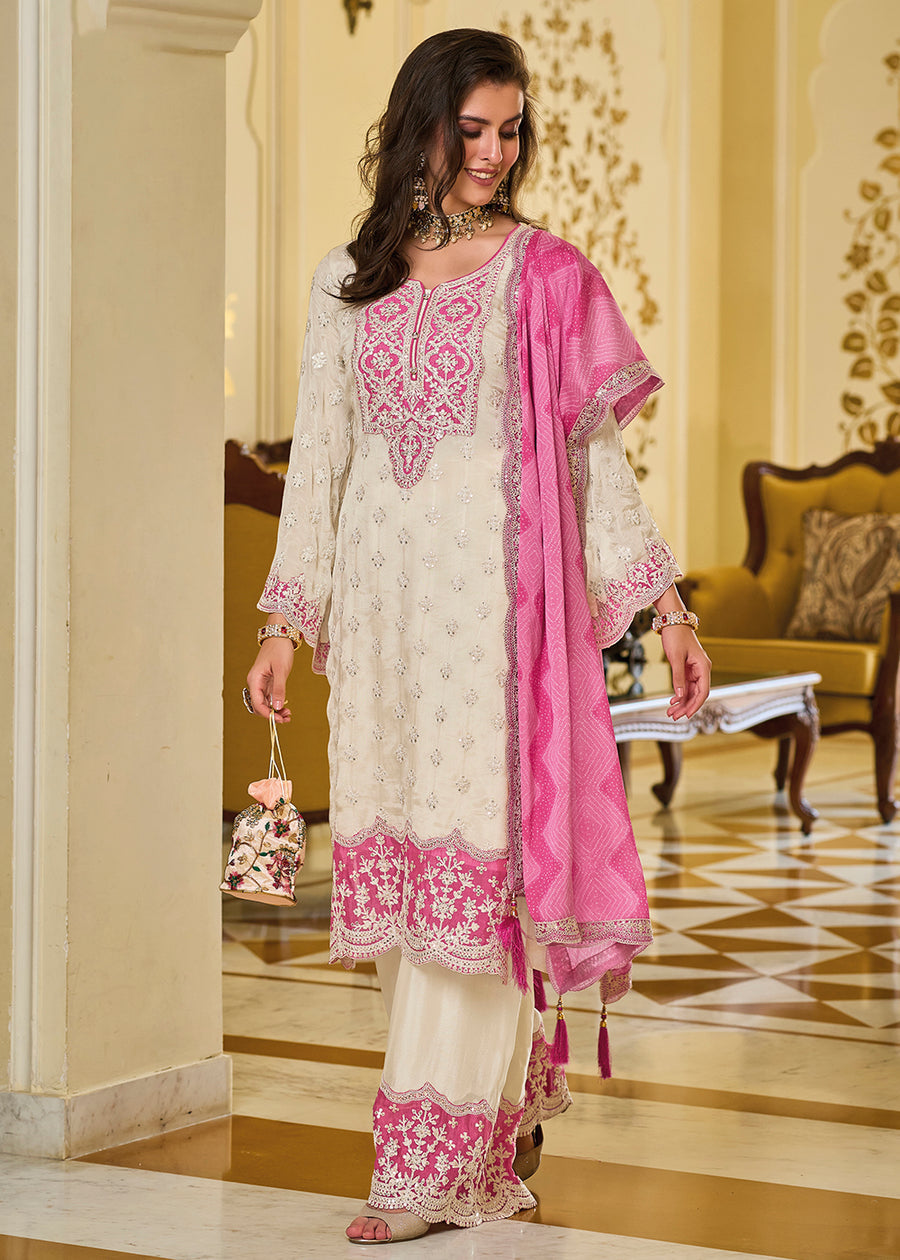 Off-White & Pink Zari Embroidered Palazzo Suit