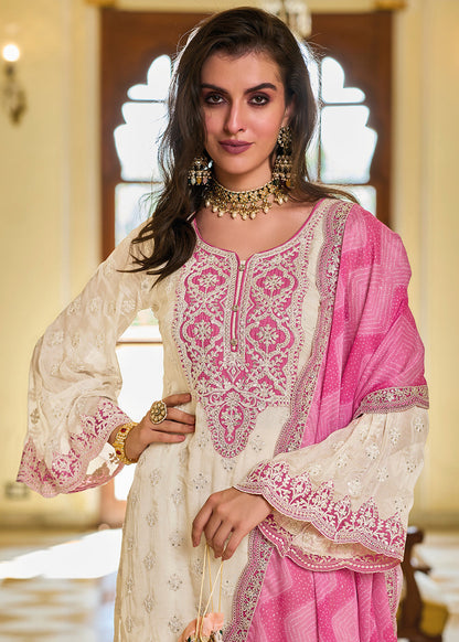 Off-White & Pink Zari Embroidered Palazzo Suit